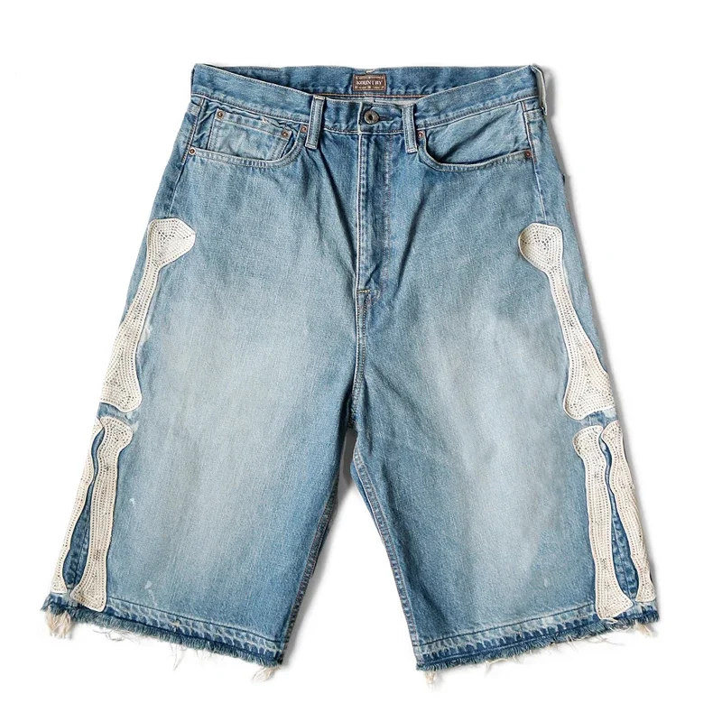 KAPITAL Hirata Hohiro Loose Casual Pants Embroidered Bone Printed Washing Water Used Raw Denim Shorts for Men and Women