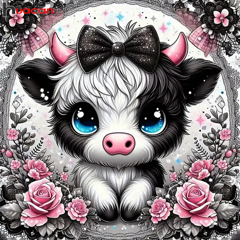 Huacan New 2024 Diamond Painting Animal Cow Full Round Square Diamond Mosaic Flower Rose Wall Decorative Pictures For Home