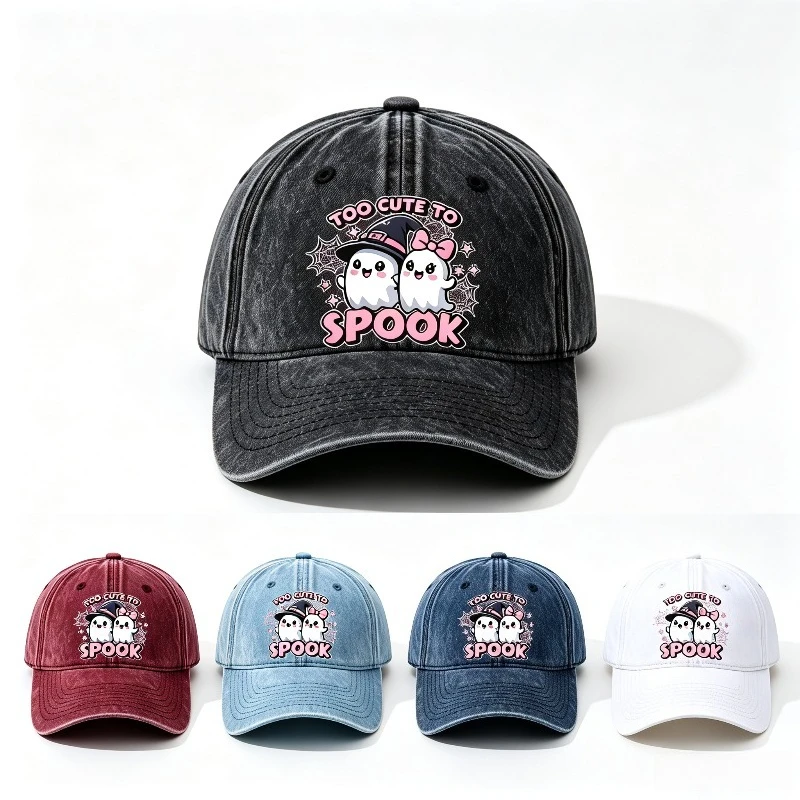 Distressed Washed Baseball Cap Too Cute To Spook Cute Ghost Print Adjustable Unisex Hat Retro Halloween Casual Outdoor Sun Hat