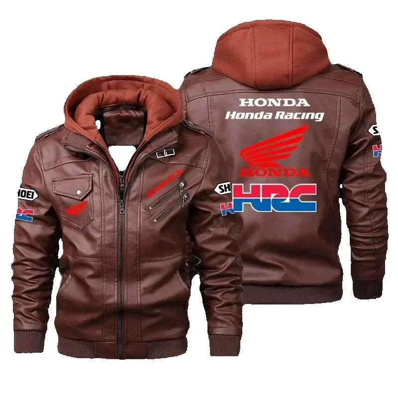 سترة كلاسيكية للرجال من Honda Racing Work Bomber بتصميم سحاب سترة جلدية للشارع للدراجات النارية وركوب الدراجات النارية سترة جلدية مقاومة للرياح