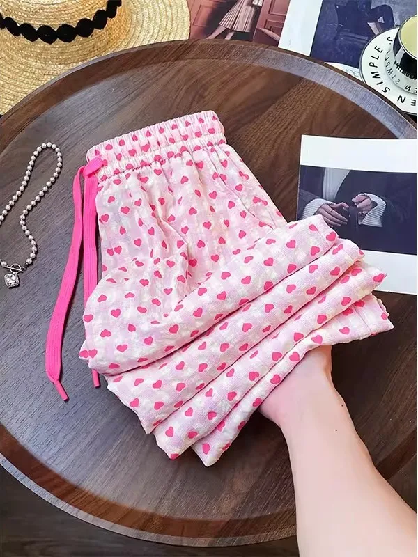 plus Size Sweet Cute Spotted Heart Pattern Wide Leg Pants Casual High Waist Straight Cut Summer Design for Heavy Women