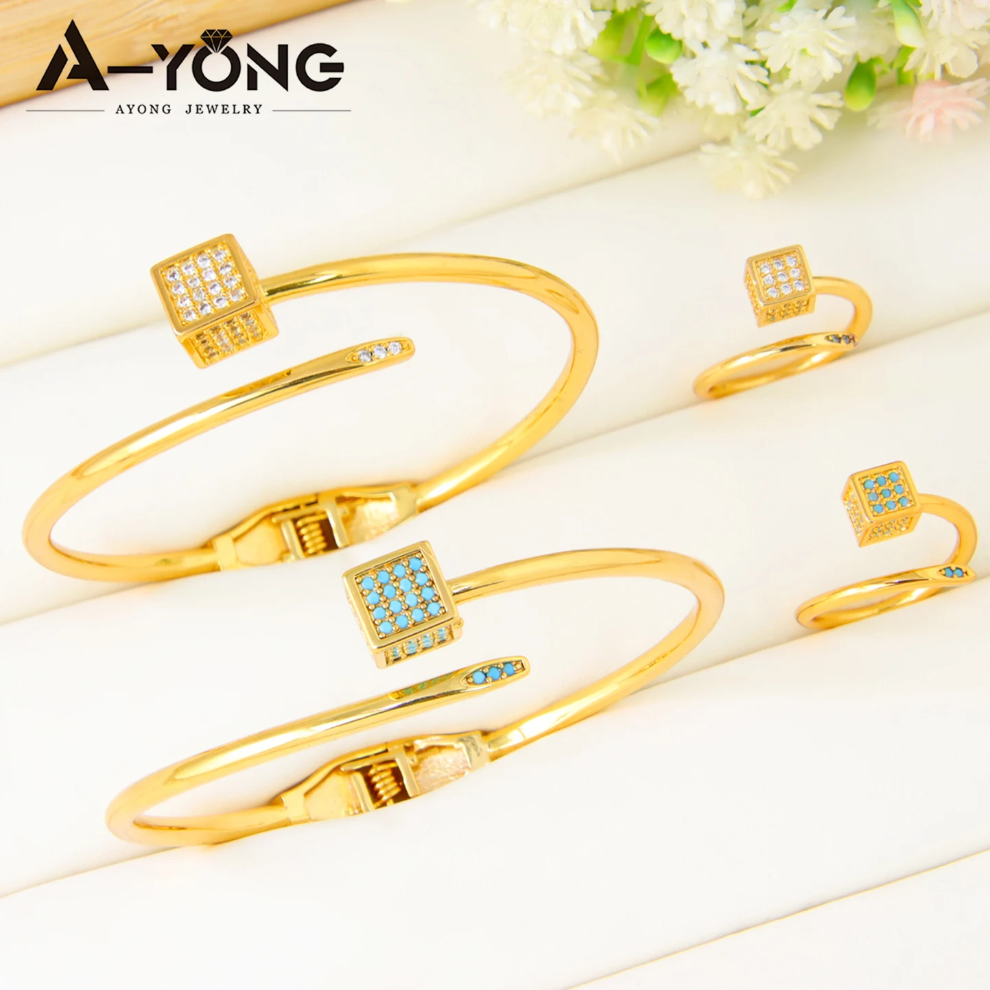 

Dubai Fashion Jewelry Bracelet Ring Set 21k Gold Color Italian Zirconia Open Cuff Bangles Arabic Women Event Party Jewelrys