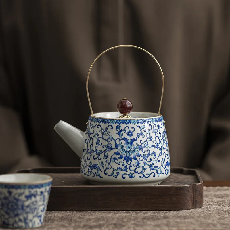 

Ru Kiln Blue White Lotus Vine Pattern Handled Ceramic Teapot for Gongfu Tea Brewing