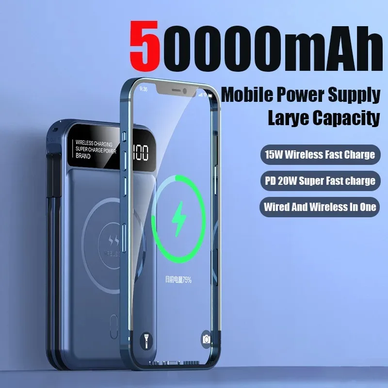 Przenośny magnetyczny zasilacz do ładowania bezprzewodowego o dużej pojemności 50000 mAh z 2 rodzajami przewodów zasilających do iPhone'a Samsung Xiaomi