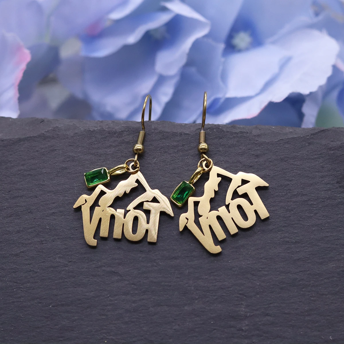 Chandler Custom Name Mountain Earrings with Green Zircon, Nature Hiking Themed Dangle Earrings, Ethnic Jewelry for Women