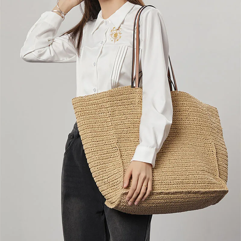 Alirattan New Women Bohemian Straw Shoulder Bag, Summer Beach Woven Crochet Large Underarm Tote Casual Shopping Armpit Handbag