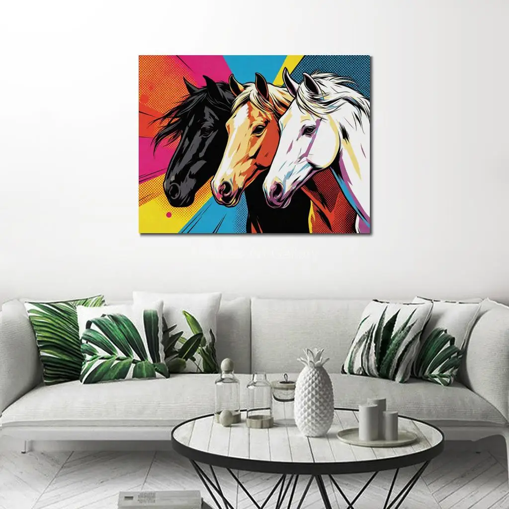 Oversized Three Horses Canvas Print Large Pop Art Colorful Geometric Animal Wall Art for Living Room Home Office