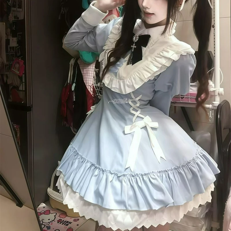 Japanese Kawaii Lolita Dress Women Sweet Ruffles Slim Bandage Long Sleeves Princess Dresses Girls Harajuku Y2k Tea Party Dresses