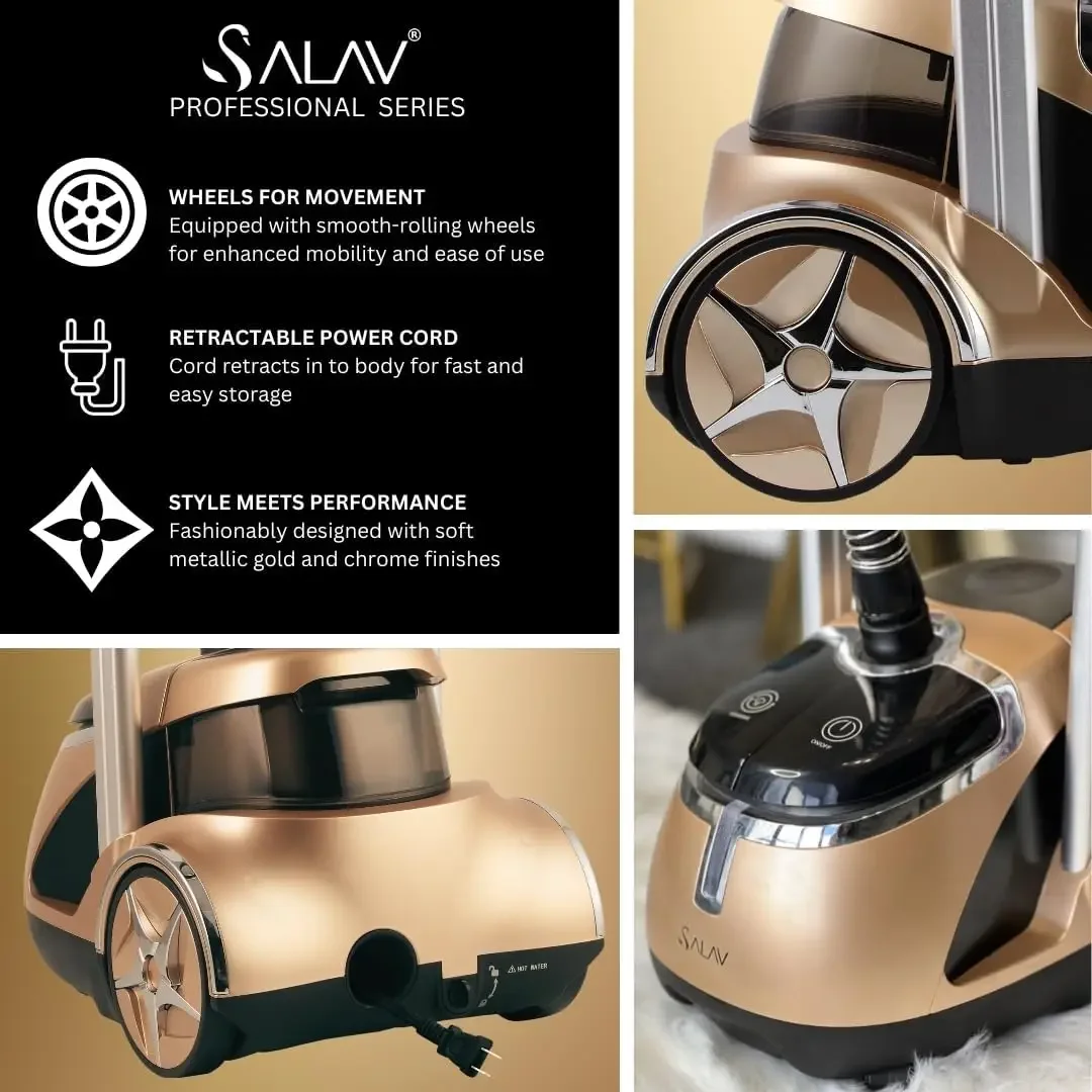 ® Professional Standing Garment Steamer with Retractable Power Cord, Foot Pedal Control, Wheels for Easier Movement (Gold)