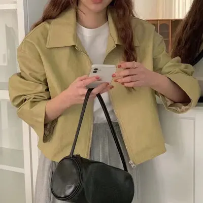 Giacca in Pelle PU Casual con Zip, Maniche Lunghe e Vestibilità Ampia per Donne Giovani sotto i 24 Anni