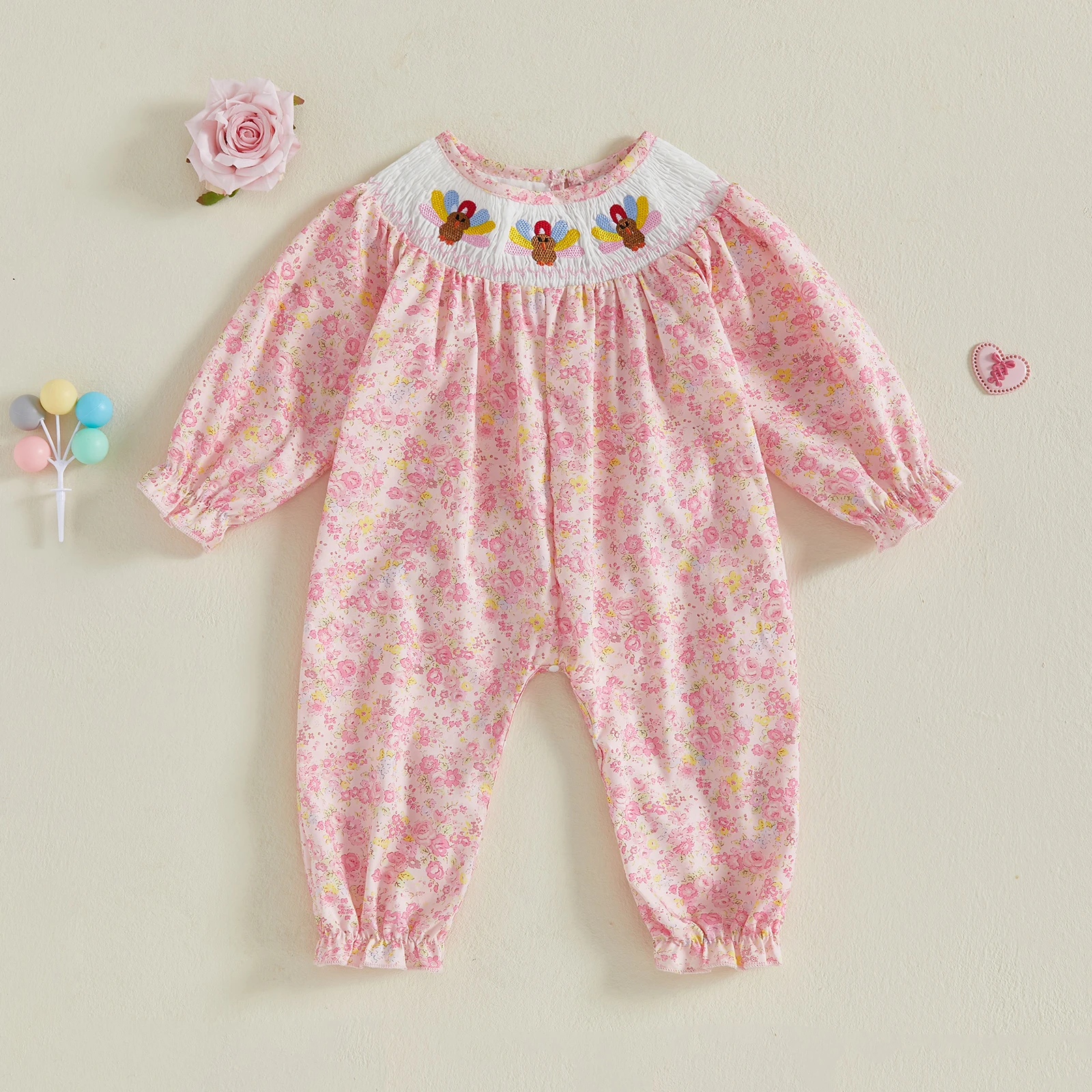 

SUNSIOM 0-18 Months Baby Girl Thanksgiving Romper Long Sleeve Round Neck Turkey Embroidery Smocked Jumpsuit Infant Pajamas