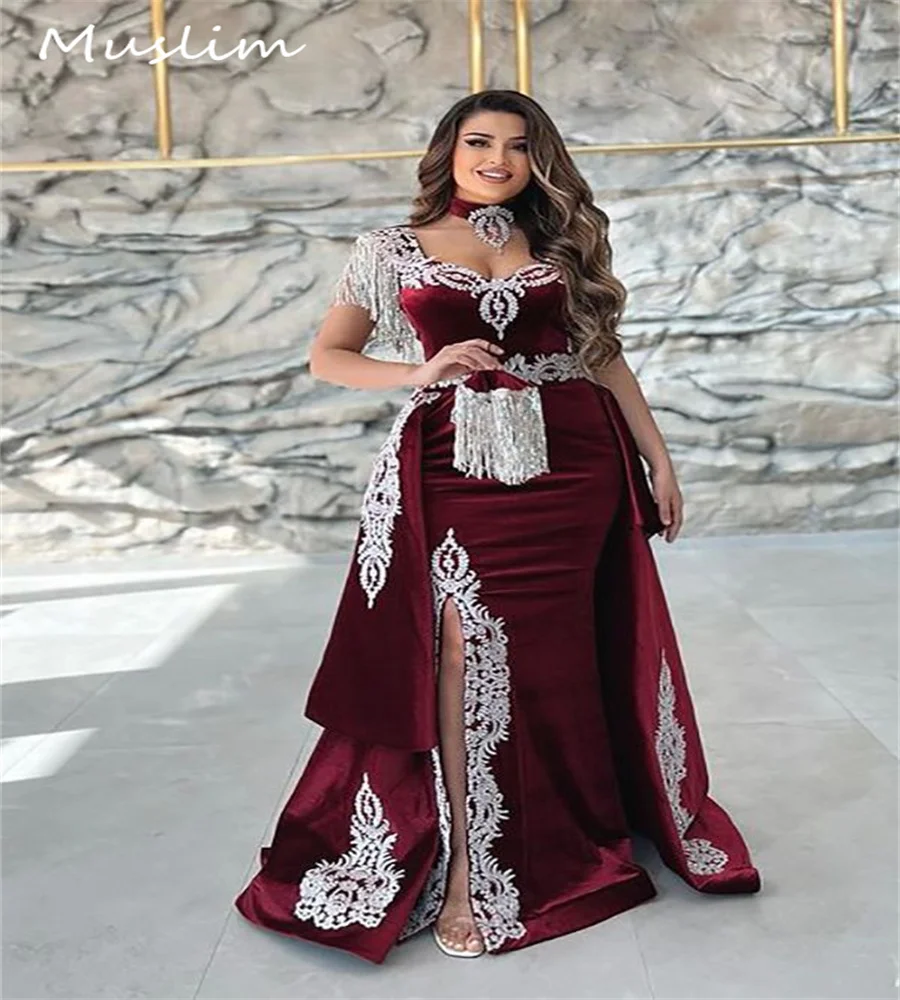 Charming Caftan Moroccan Evening Dress With Detachable Train Mermaid Velvet Prom Dress Slit Arabic Israel Lace Party Customized