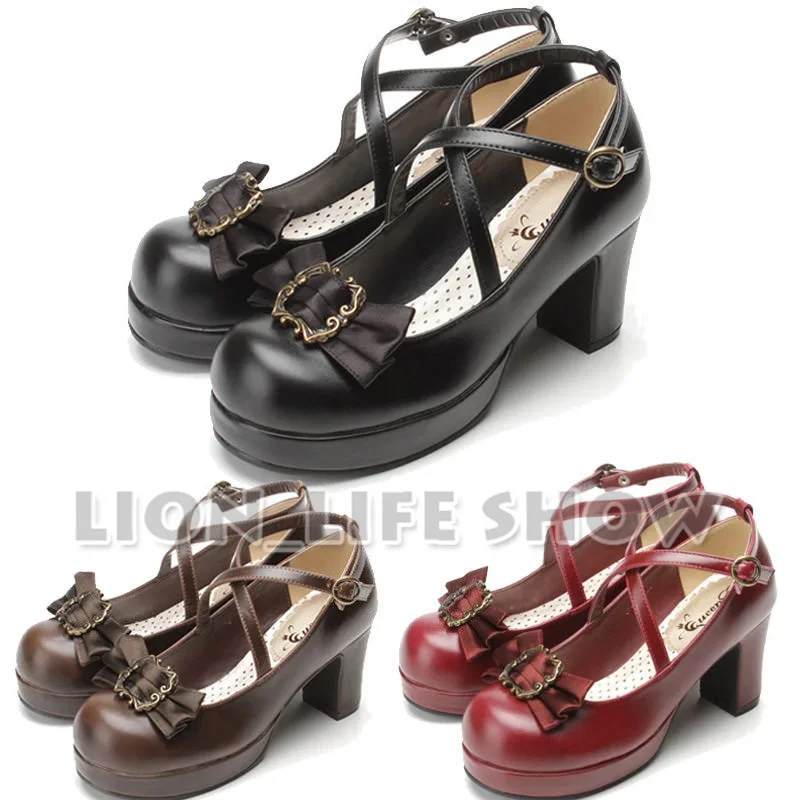 

Japanese Retro Gothic High Heel PU Lolita Shoes Cosplay Costume Shoes Bowtie Pump