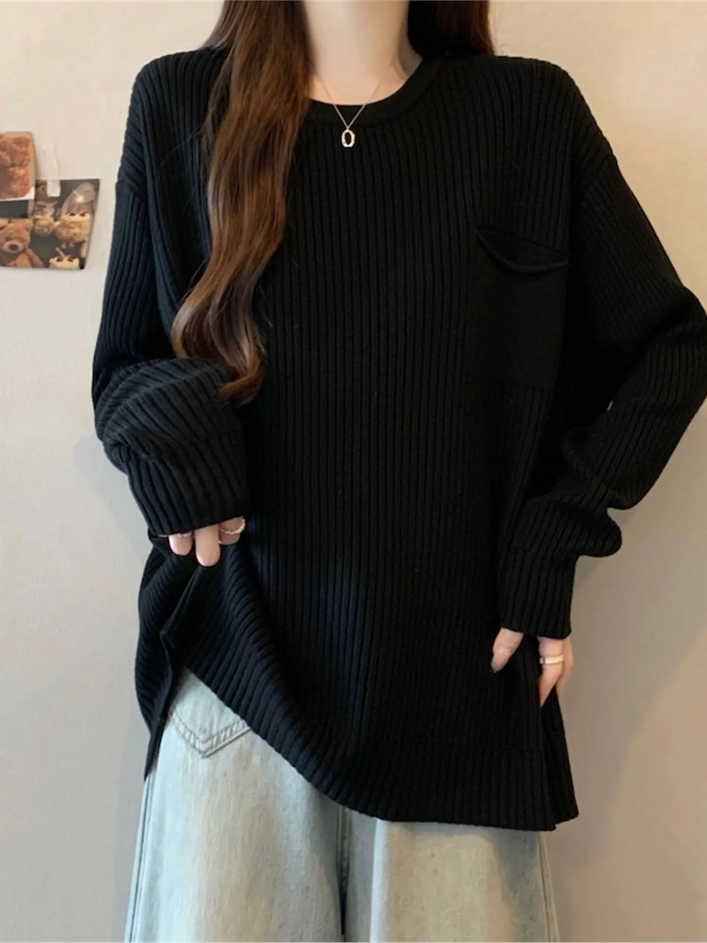 

Loose Long Sve Knitted T-irt Women's plus Size Autumn Winter Slimming Trendy Top Soft Comfortable Casual Faion