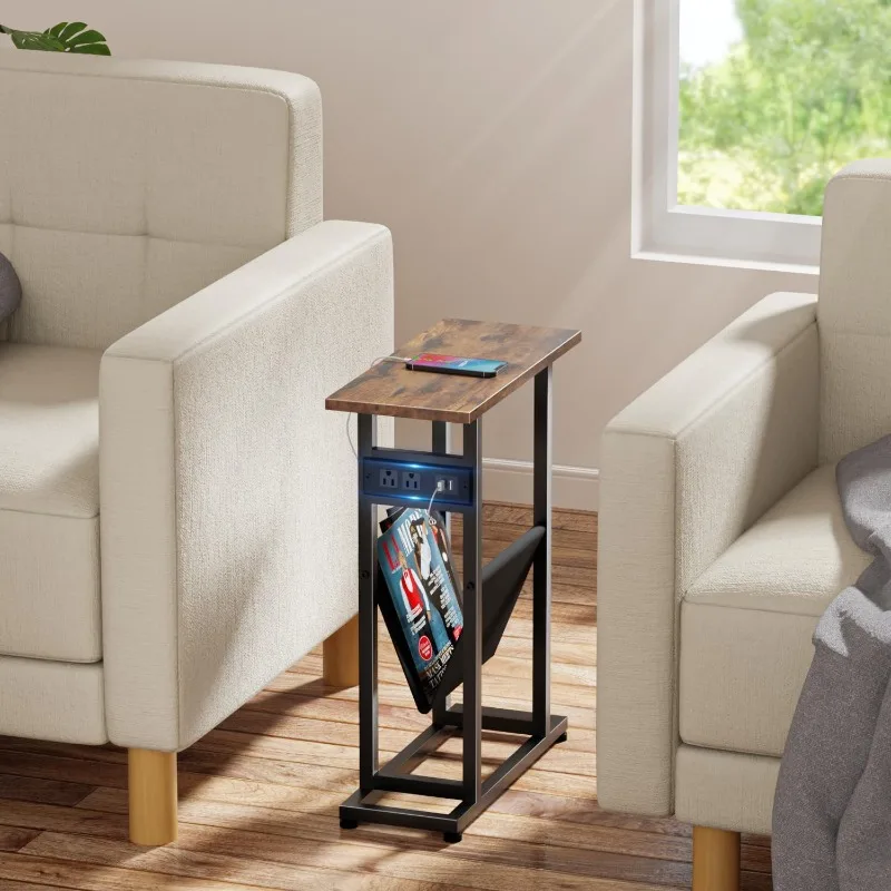 Narrow Side Table Set of 2 with Charging Station, Skinny Side Tables with Storage, Slim End Tables for Small Spaces