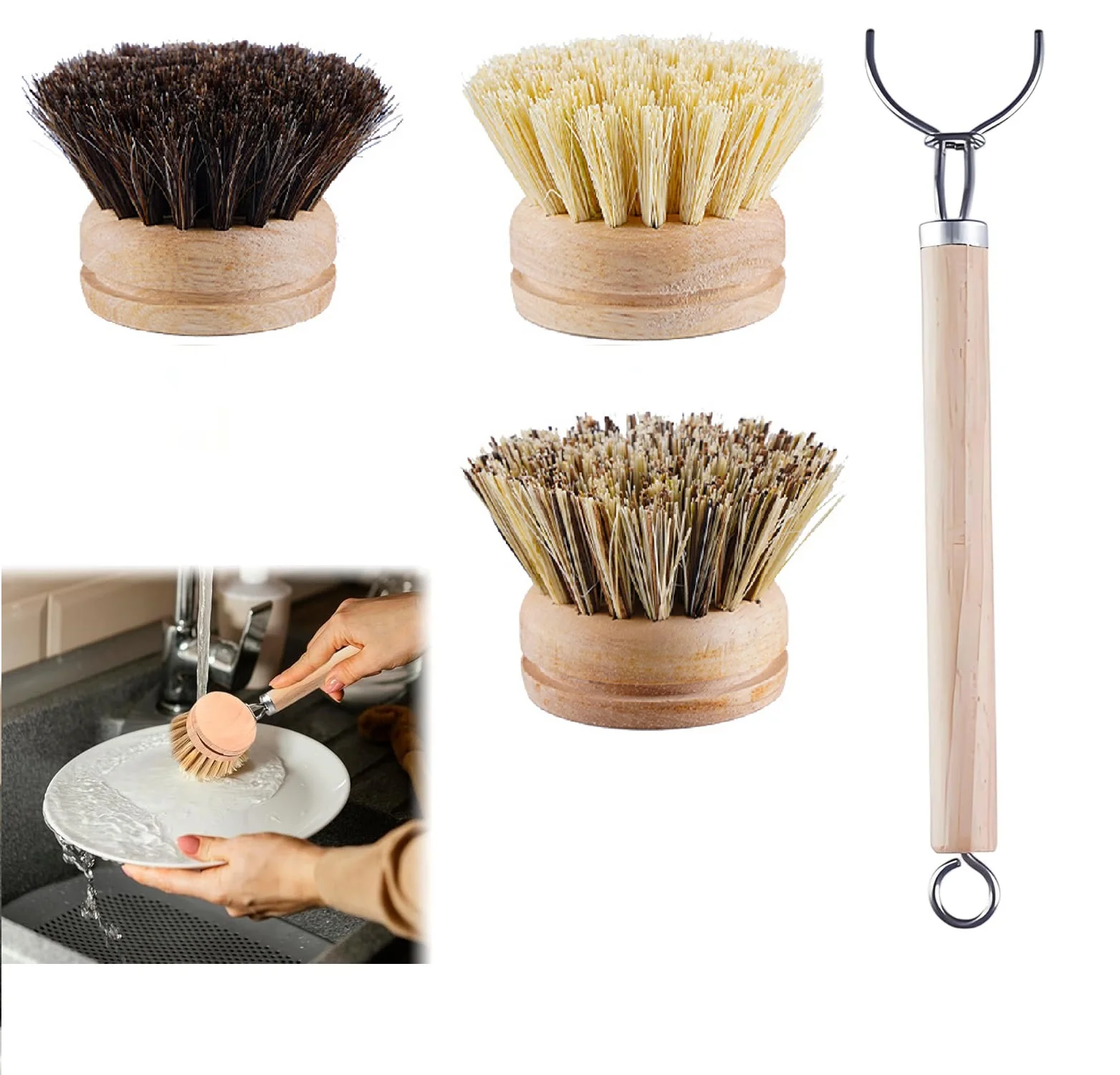 Replaceable Dish Scrub Cleaning Brush Wooden Handle Stain Remove Pot Brush for Clean Grills Pans Stoves Kitchen Accessories