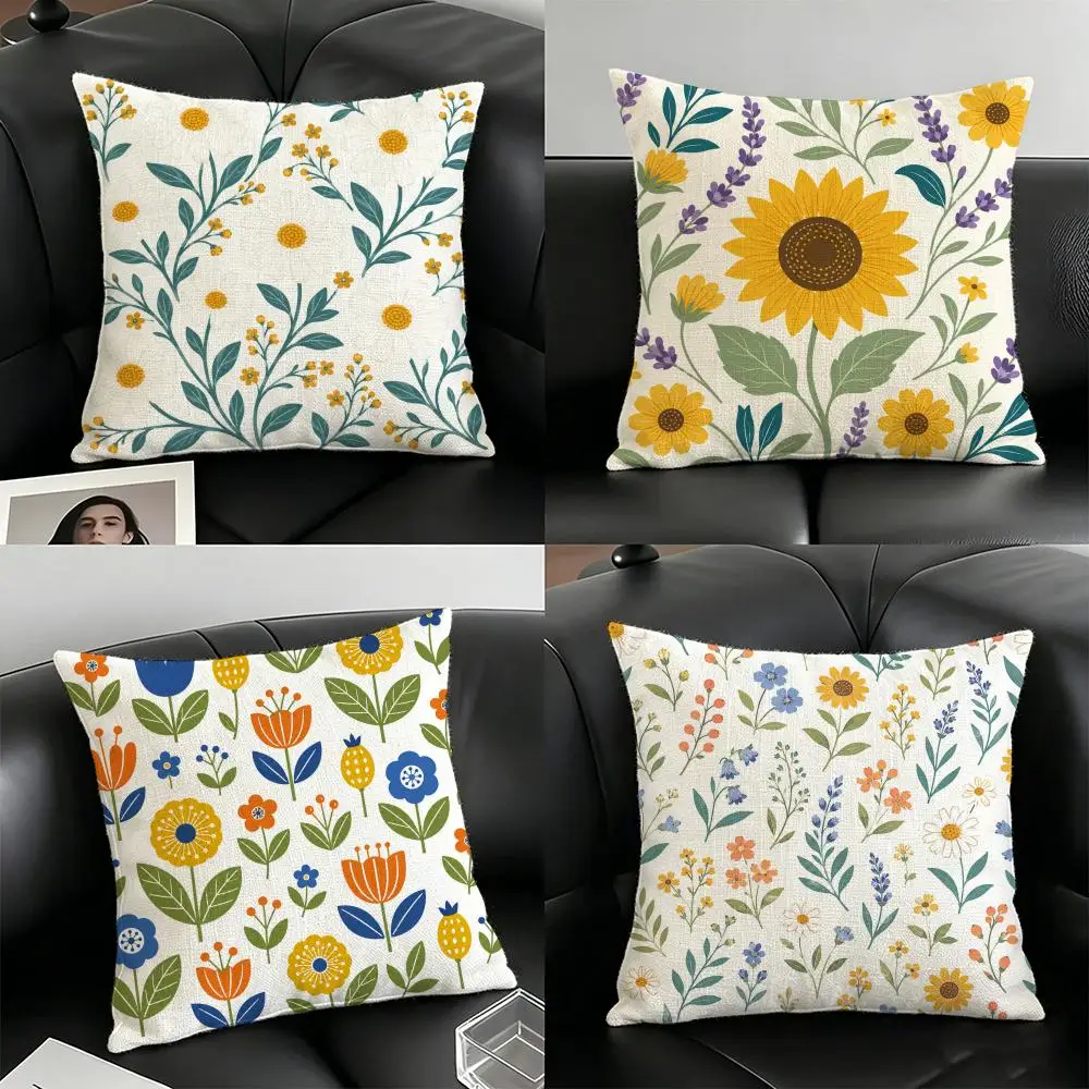 Sunflower Folk Retro Mixed Floral Cushion Cover Natural Linen Organic Fabric Double-Sided Printing Breathable For Home Decor