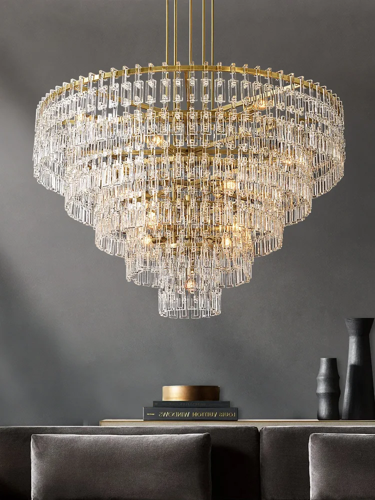 Round Led Chandeliers Modern Retro K9 Crystal Metal Tiers Large Pendant Lights Bedroom Living Room Lamps Lustre Decor