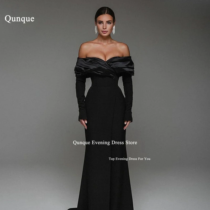 Qunque Black Mermaid Prom Dresses Off the Shoulder Long Sleeves Customized Party Dresses Leg Slit Vestidos De Fiesta Elegantes