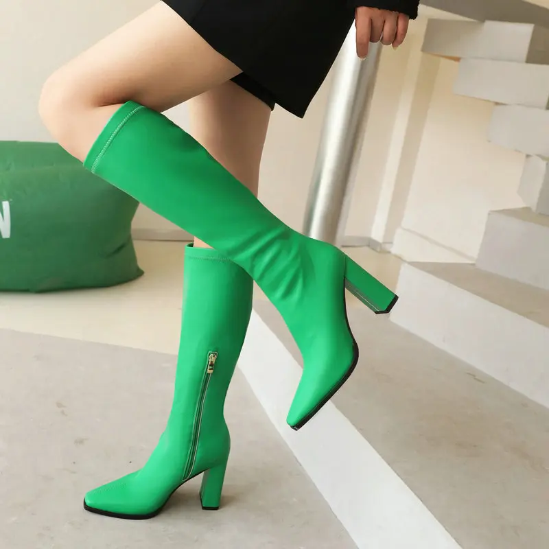 Well Made Green Purple Pink Pointed Toe Sexy Women Knee-high Socks Botines Luxury Female Block High Heels Stretch Boots Size 43