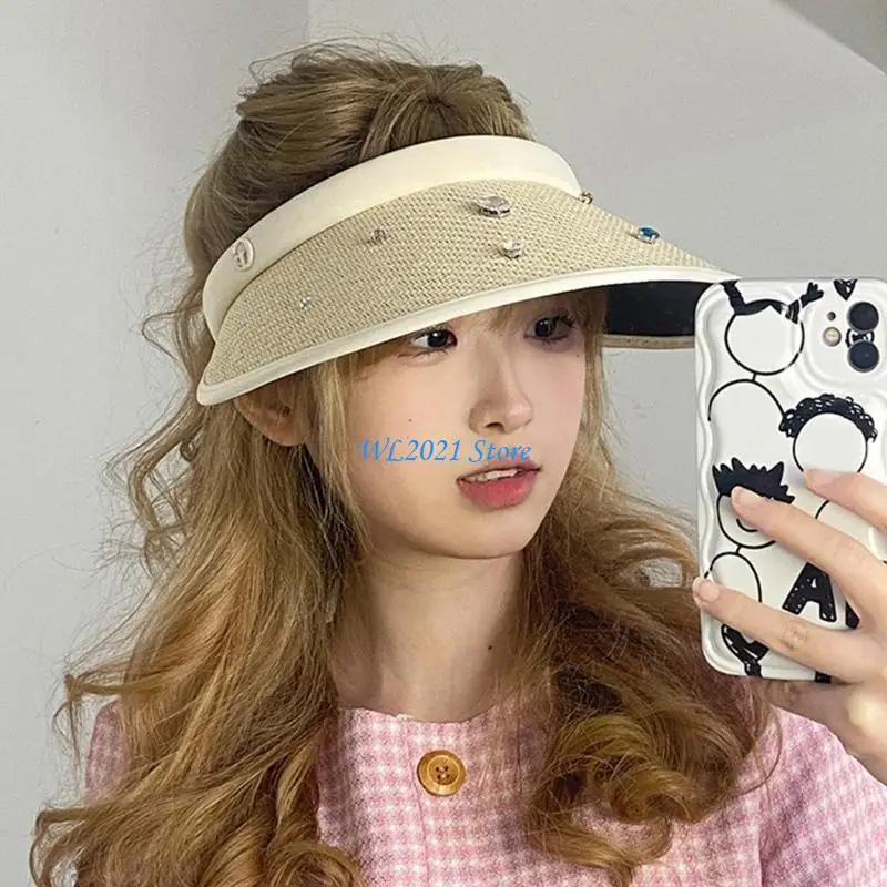 

G5GC Beach Visor Straw Visor Sun Visor y2k Rhinestones Visor Women Sun Hat Golf Visor