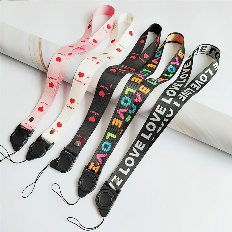 100pcs Fashion Love Print Neck Hanging Tags Strap Mobile Phone Lanyard Card Keychain Phone Straps Lanyards