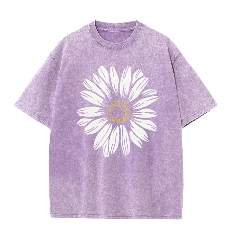 Daisy Floral Print T Shirt Gray Acid Wash Casual Minimalist Unisex Tee
