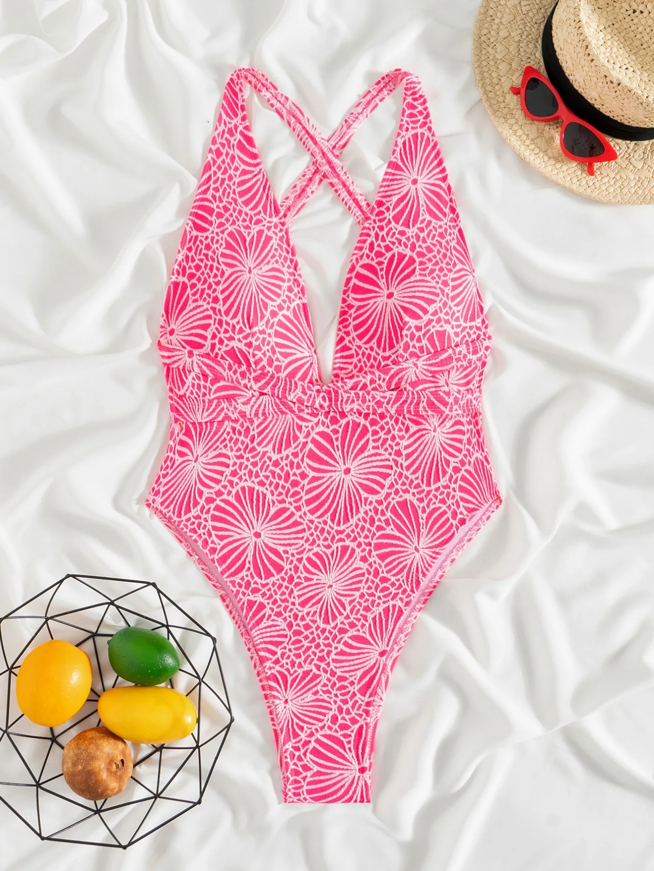 

sexy flower pattern deep v-neck swimsuits one piece back tie cross women's bikinis swimwear bathing suit beach outfits bodysuits