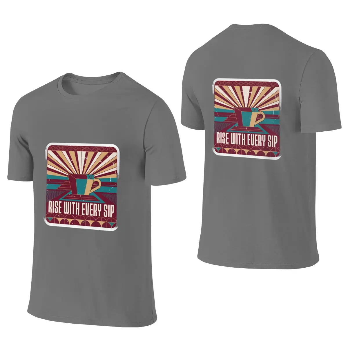 Rise With Every Sip Sticker Couple Style Reversible T-shirt Sweet-Cool Vibe Ribbed Collar Cotton Tee