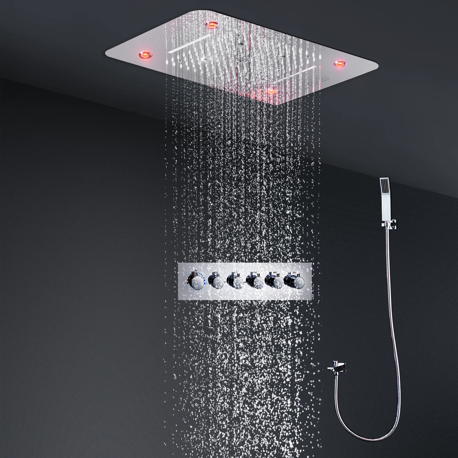 hm 380x580mm Thermostatic Shower Set 5 Functions Rain Faucets System Ceiling Music LED ShowerHeads Chrome Finished