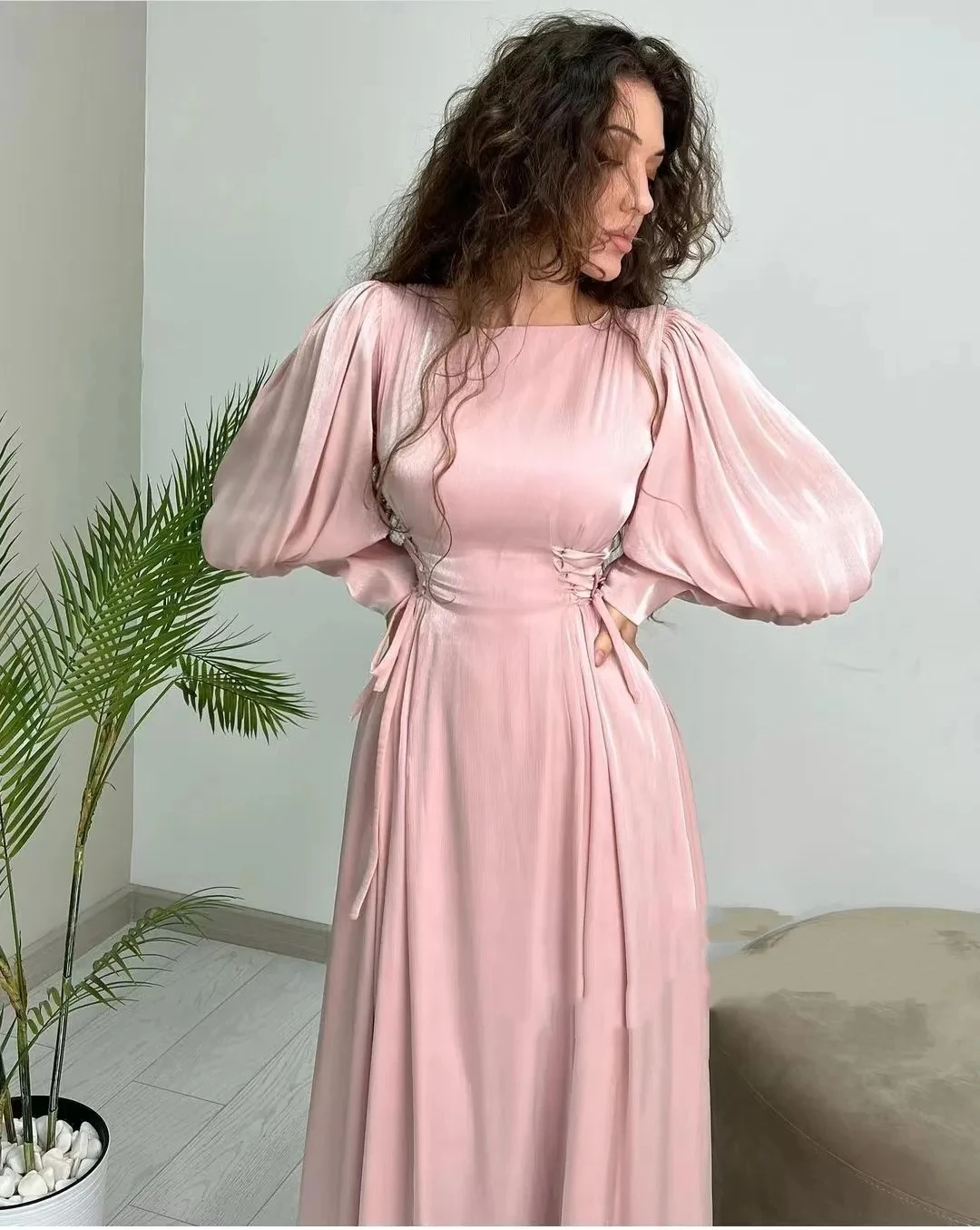 Flora Dress Pink Chiffon Muslim A Line Evening Dress O-Neck Long Sleeves Arabic Pleated Prom Party Gown Vestidos De Noche