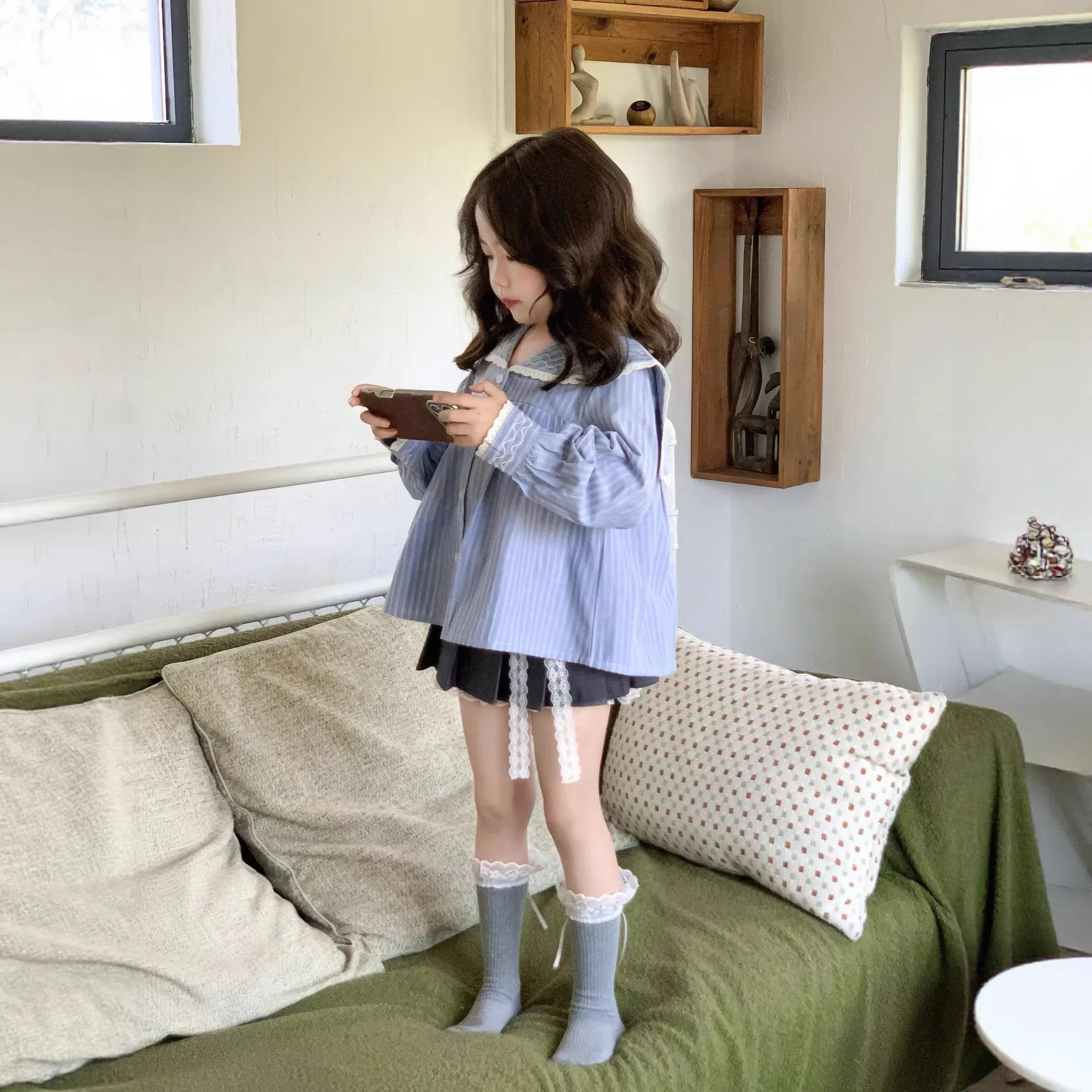 

Korean Children's Clothing Girls' Shirt for Spring and Summer 2026 Blue Stripe Long Sleeved All-match Kids Shirt