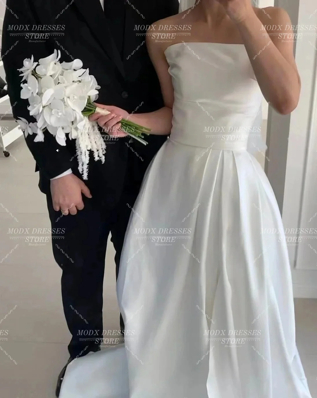 MODX Elegant White Satin Wedding Dress Sweetheart Corset Pleat Korea Photo Shoot Bridal Reception Gown Customized 웨딩드레스