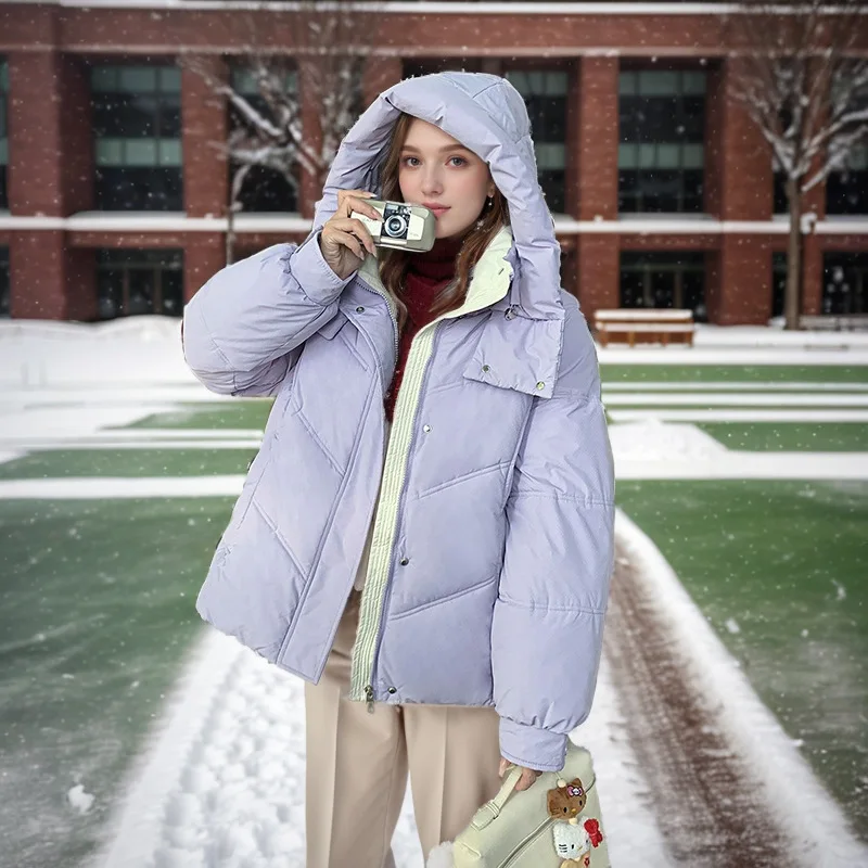 2025 겨울 여성용 코튼 재킷, 배색 후드 두꺼운 따뜻한 파카 코트, 여성용 싱글 브레스티드 숏 브레드 재킷