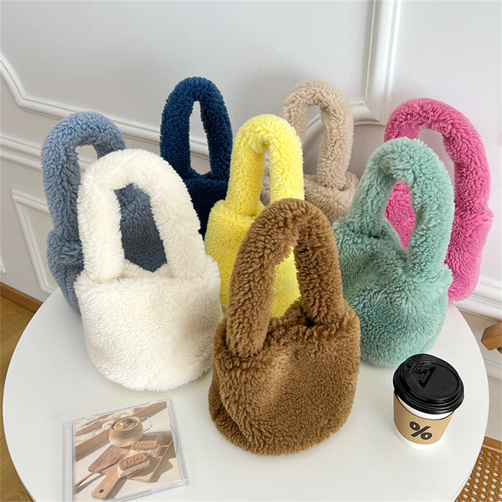 Women's Winter Lamb's Wool Plush Tote Bag Female Korean Sweet Solid Color Handbag Fluffy Casual Bucket Shopper Shopping Bags