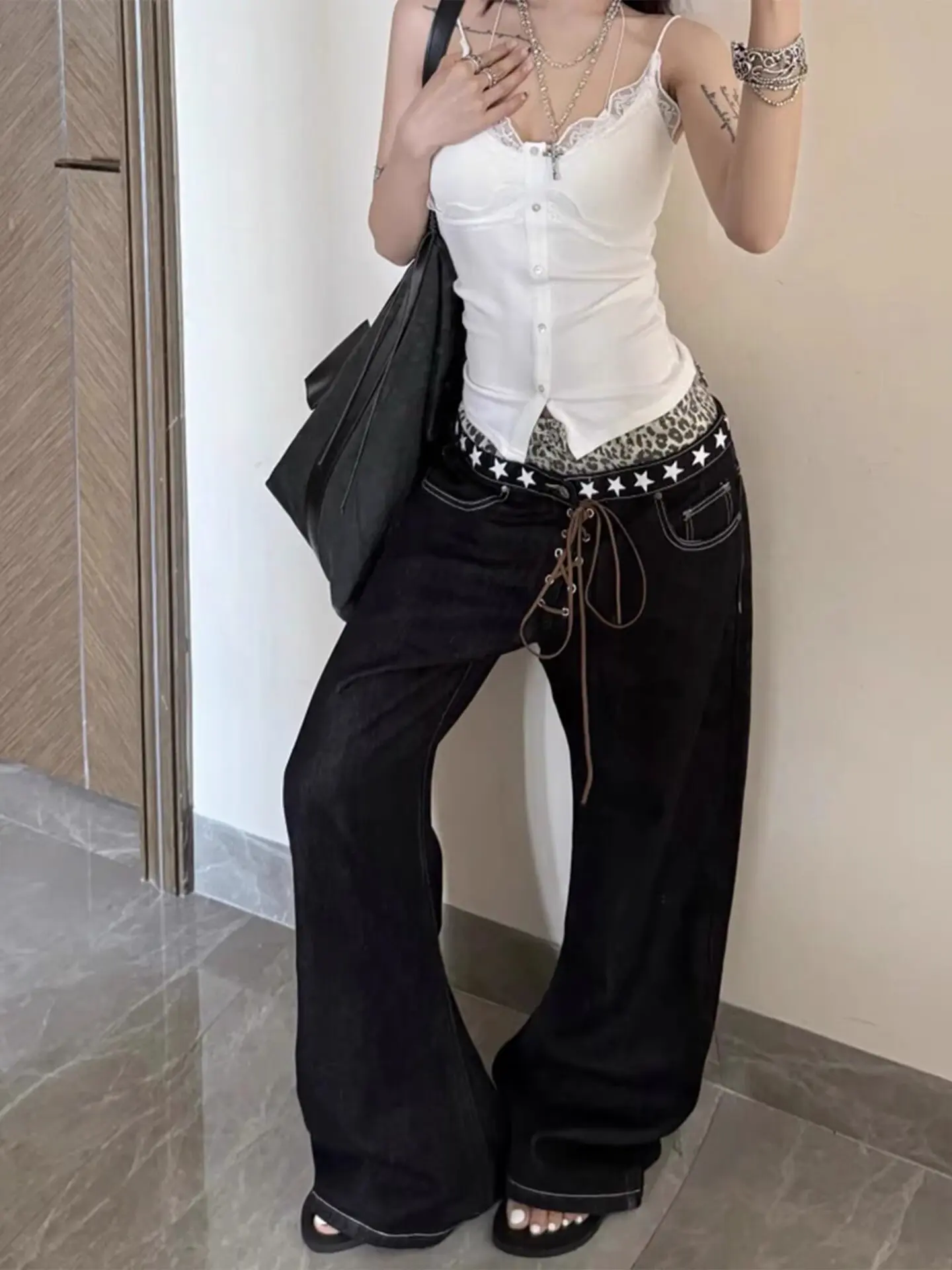 

Женские расклешенные джинсы в стиле ретро Y2k с завязкой на талии в американском стиле High Street Vibe с прямыми штанинами для похудения и похудения