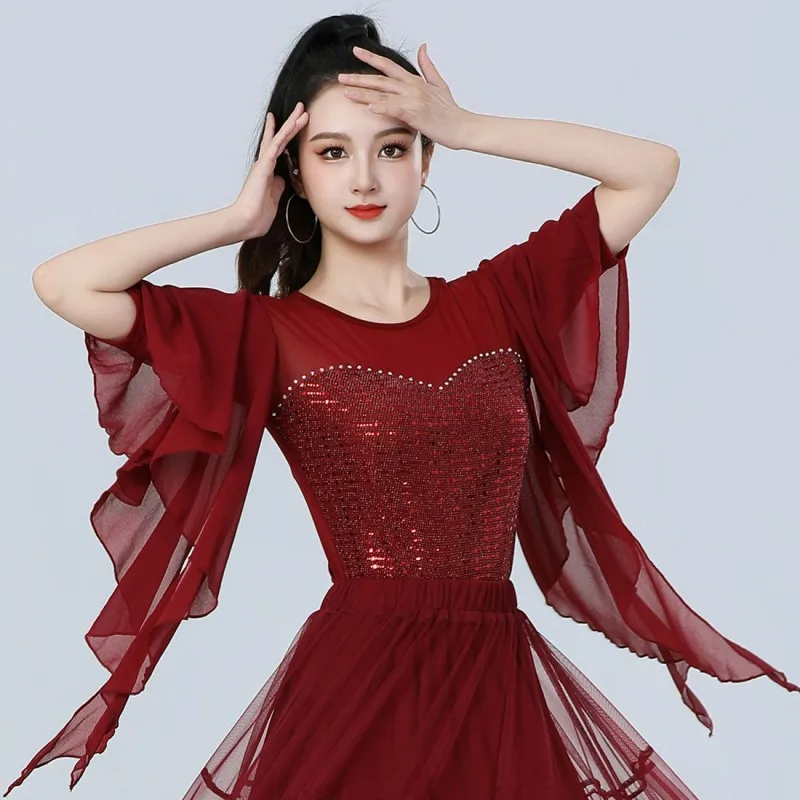 new-giteba-national-standard-women's-dance-top-with-lace-sleeves-square-dance-mid-sleeve-upper-apparel-elegant-skirt