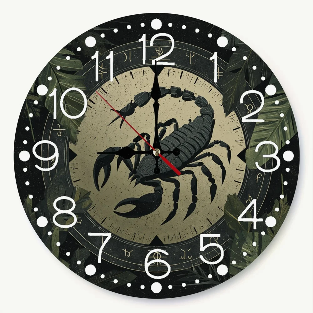 Scorpio-themed Wooden Wall Clock, 20.32cm and 30.48cm Two-dimensional Flat Circular Design, Silent Quartz Non-ticking Clock, AA Battery Not Included, Suitable as a Gift or Decoration for Bedrooms, Offices, and Studies, 2D Flat Style, 2D Flat