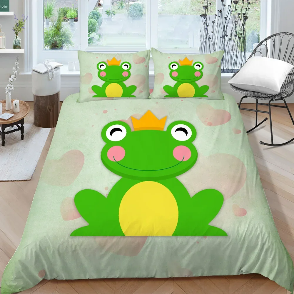 Cartoon Frog Duvet Cover Set King/Queen Size Reptile Animal Theme Bedding Set Cute Green Frog Polyester Comforter Cover for Kids