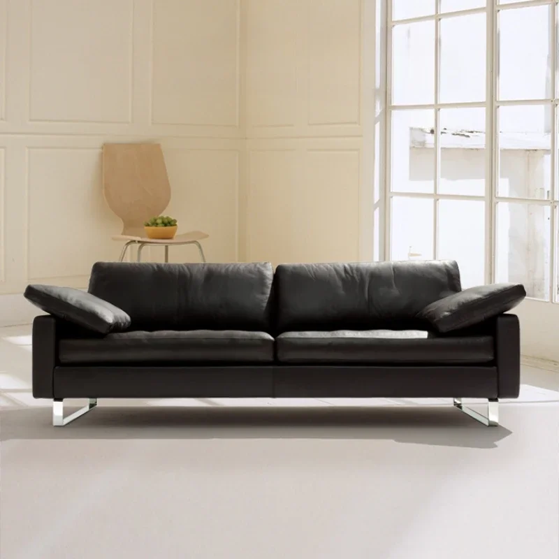 

Sofa for three people and two people, black leather sofa, small unit living room, down sofa, top layer cowhide