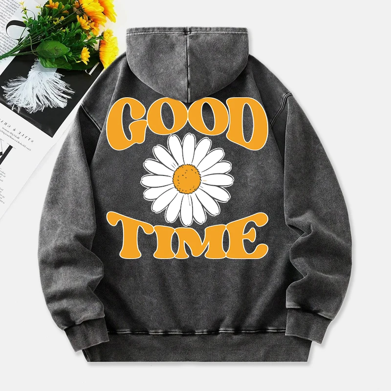 Good Time Washed Hoodies Women Chrysanthemum Prints Cotton Pullovers Comfortable Pocket Oversized Hooded Fashion Womans Tops