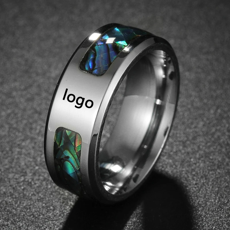 

Customizable Fashion 8mm Silver Stainless Steel Ring for Men Women Colorful Abalone Shell Inlaid Ring Men Wedding Party Jewelry