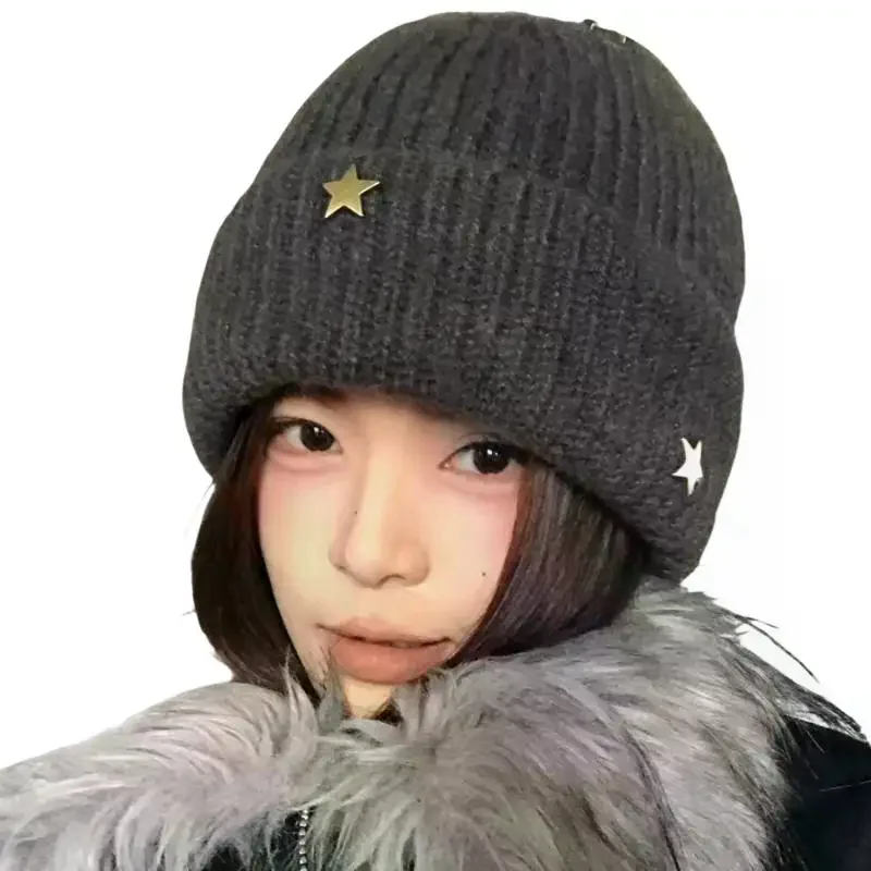 Men Winter Knitted Beanie Hat Simple Star Decor Breathable Warm Cap for Cold Weather Skiing Work Commuting Outdoor