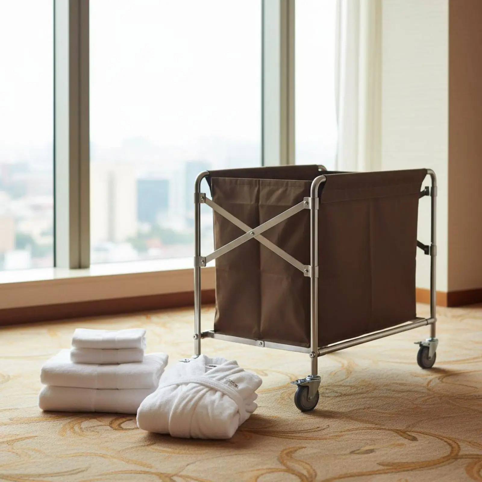 Foldable Laundry Cart Stainless Steel Frame Oxford Cloth Rolling Hamper for Hotel Janitorial Use