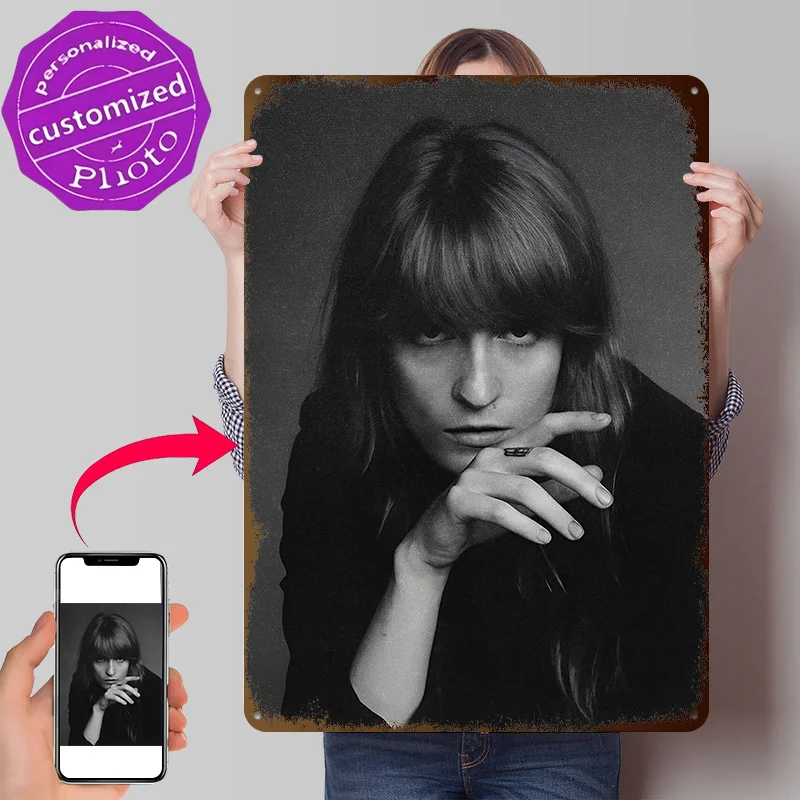 Florence Welch Black and White Portrait 3D Printed Texture Poster Personalized Wall Art Retro Metal Tin Signs for Bathroom Decor