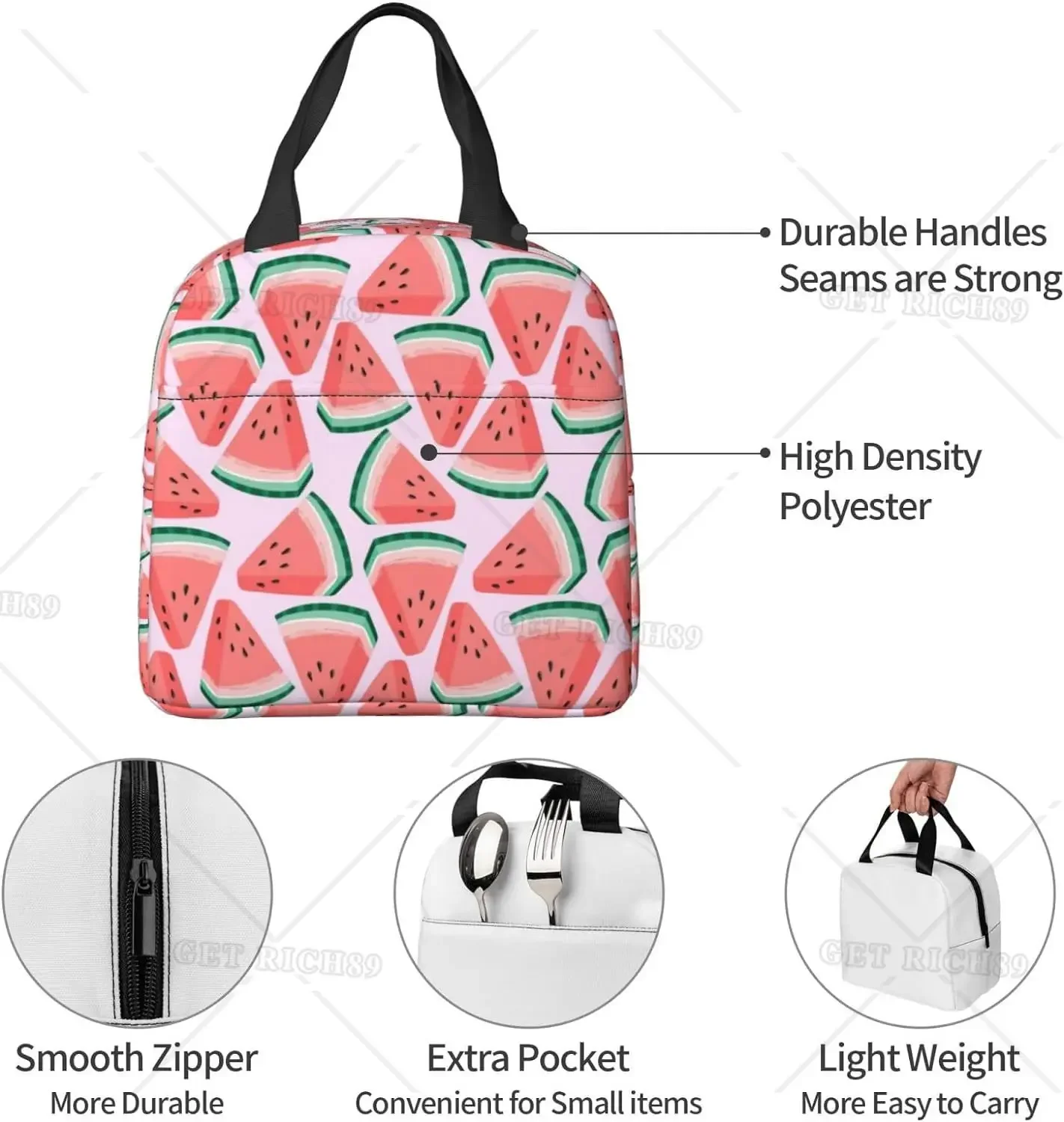 Cartoon Watermelon Cherry and Pineapples Reusable Lunch Bag Insulated Portable Lunch Box Reusable Thermal Bento Tote Cooler Bags