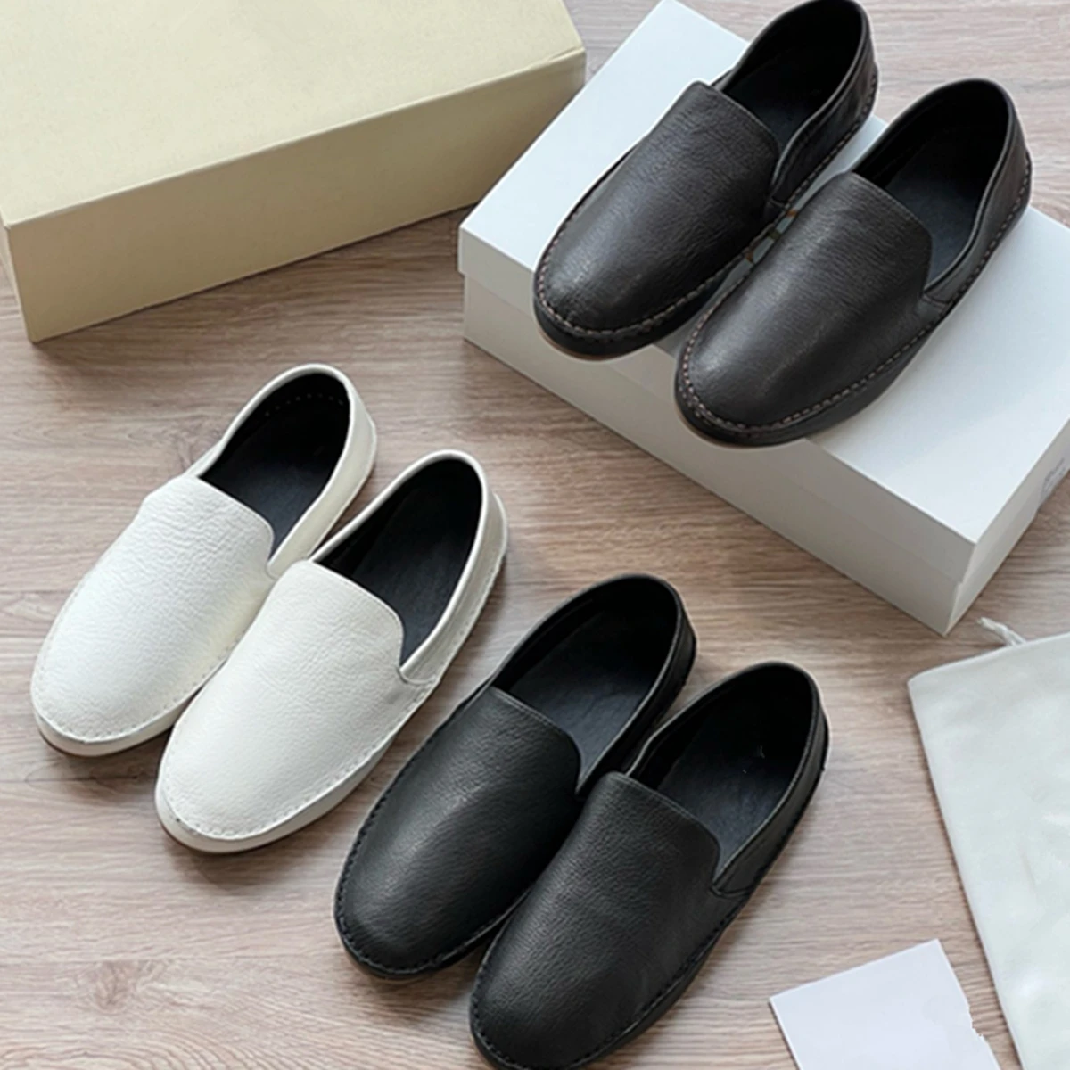 

Jenny&Dave Top Qaulity Shoes French Tound Toe Grandma Shoes Minimalist Lychee Grain Cowhide Slip-on Flat Shoes Loafers Women