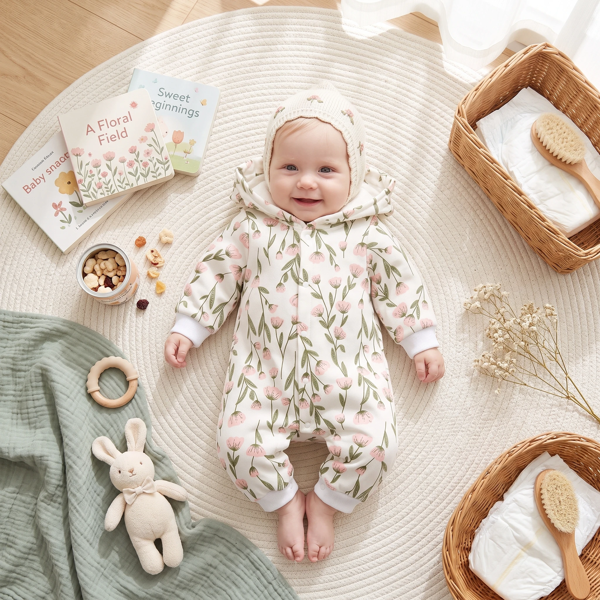 Winter Floral Long Sleeve Warm Baby Girls Rompers Cute Thickened Hooded Clothing
