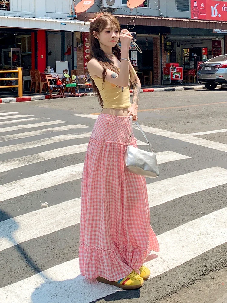 Saliency-Falda Vintage a cuadros rosa Oni de dopamina para mujer, falda por debajo de la rodilla drapeada de cintura alta, paraguas grande, estilo coreano Y2k