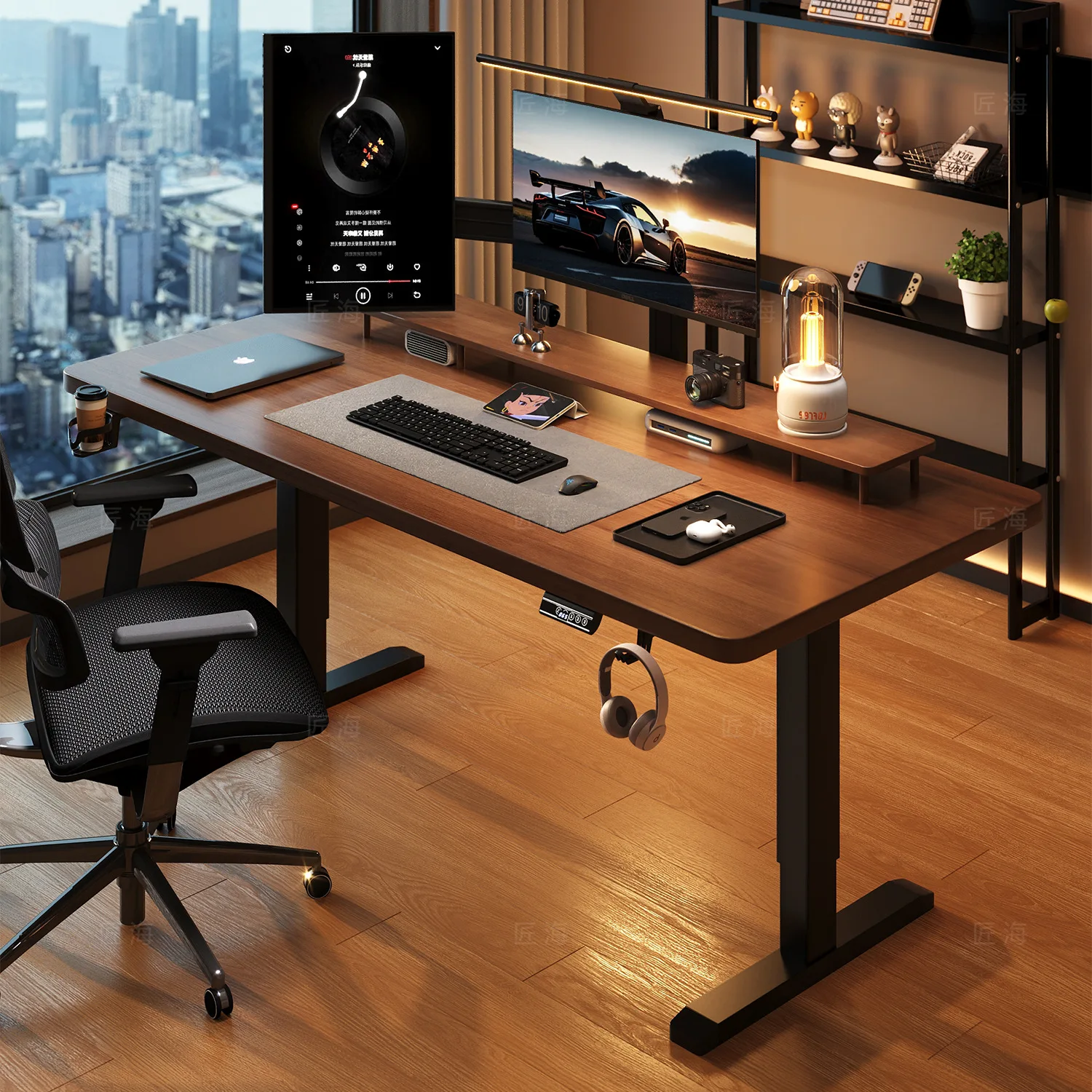 

Solid wood electric lifting table retro lifting solid wood e-sports table learning office desk workbench